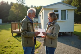 Couple examinant des documents pour la vente d'une parcelle de terrain avec mobil home en zone semi-rurale