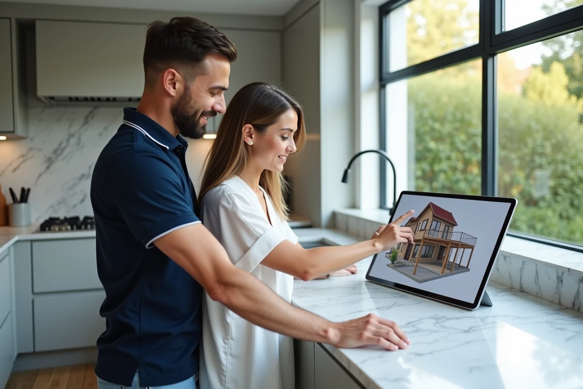 Couple explorant un plan de maison en visite virtuelle 3D sur tablette dans une cuisine moderne