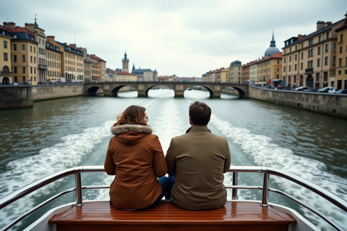 Couple sur le pont d'un bateau de croisière fluviale longeant les quais historiques de Lyon