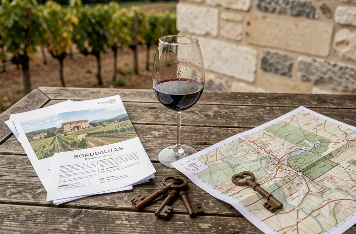 Détail d'une table avec brochure immobilière viticole, clés de domaine et carte parcellaire pour l'achat d'un vignoble bordelais