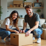 Jeune couple souriant en train de coller des cartons lors d'un déménagement