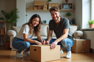 Jeune couple souriant en train de coller des cartons lors d'un déménagement