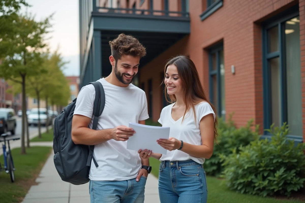 Deux étudiants discutent d une checklist de location devant un immeuble
