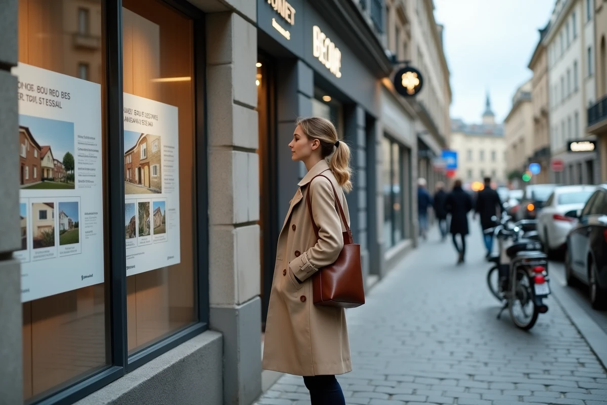 Devanture d'une agence immobilière Orpi avec vitrines de locations et passante consultant les annonces