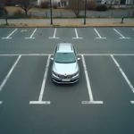 Vue aérienne d'un parking urbain avec des places aux dimensions standard marquées au sol et une voiture centrée dans un emplacement
