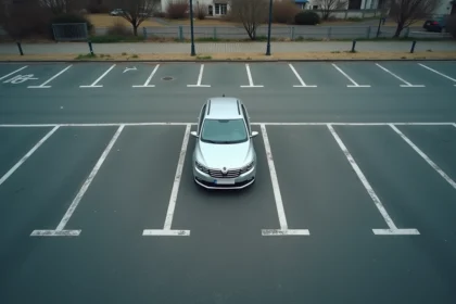 Vue aérienne d'un parking urbain avec des places aux dimensions standard marquées au sol et une voiture centrée dans un emplacement