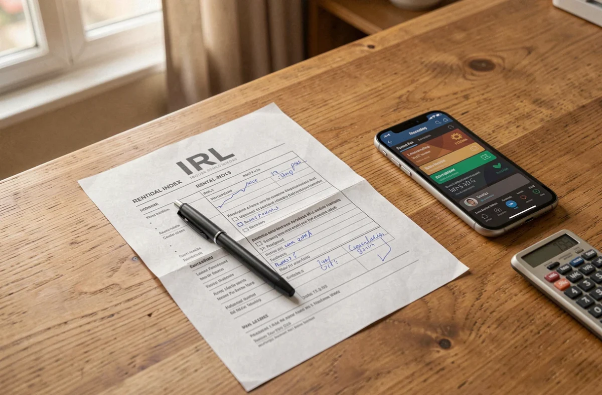 Documents d'indice de référence des loyers posés sur une table avec calculatrice et smartphone