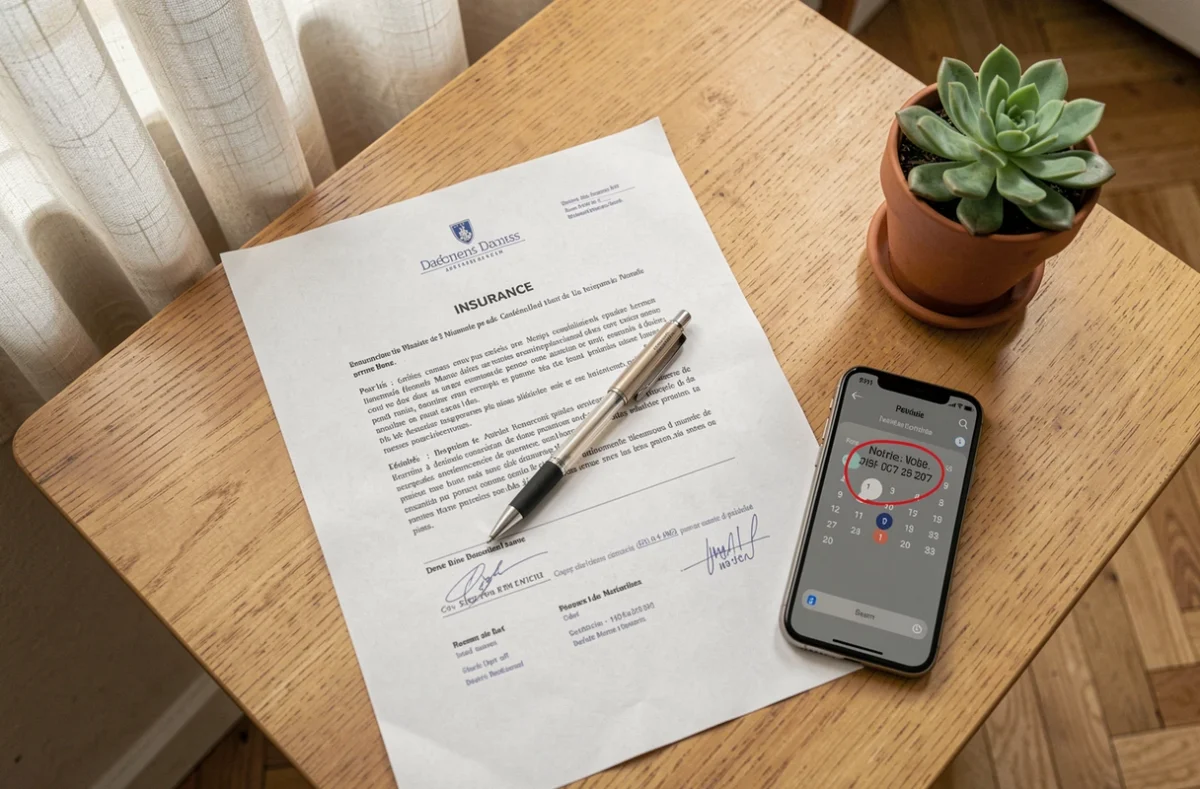 Vue de dessus d'un bureau avec un contrat d'assurance habitation, un stylo et un smartphone affichant une date de résiliation, illustrant les étapes de résiliation à la Banque Postale