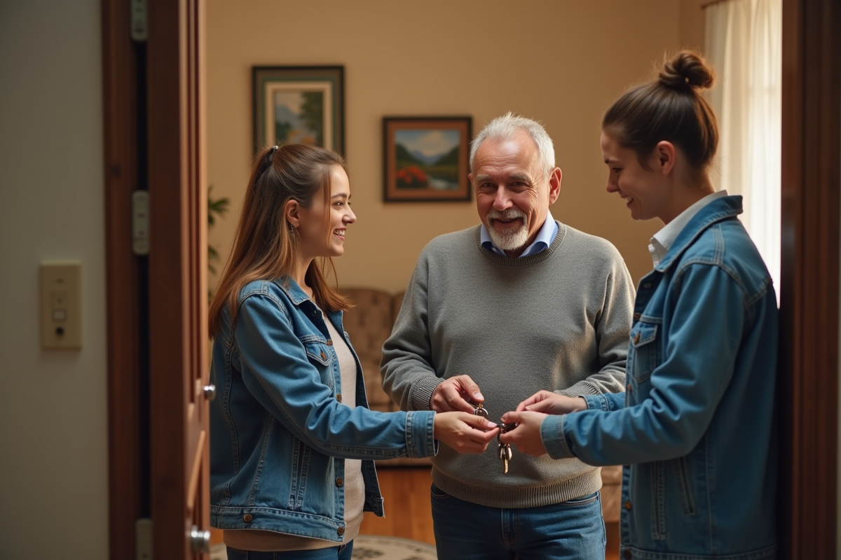 Homme et fille donnent des clés à une locataire dans un appartement rénové
