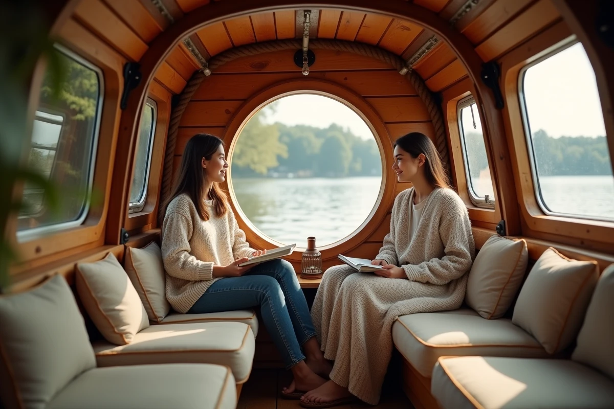 Couple se relaxant à l'intérieur d'une cabine de péniche aménagée avec vue sur la rivière