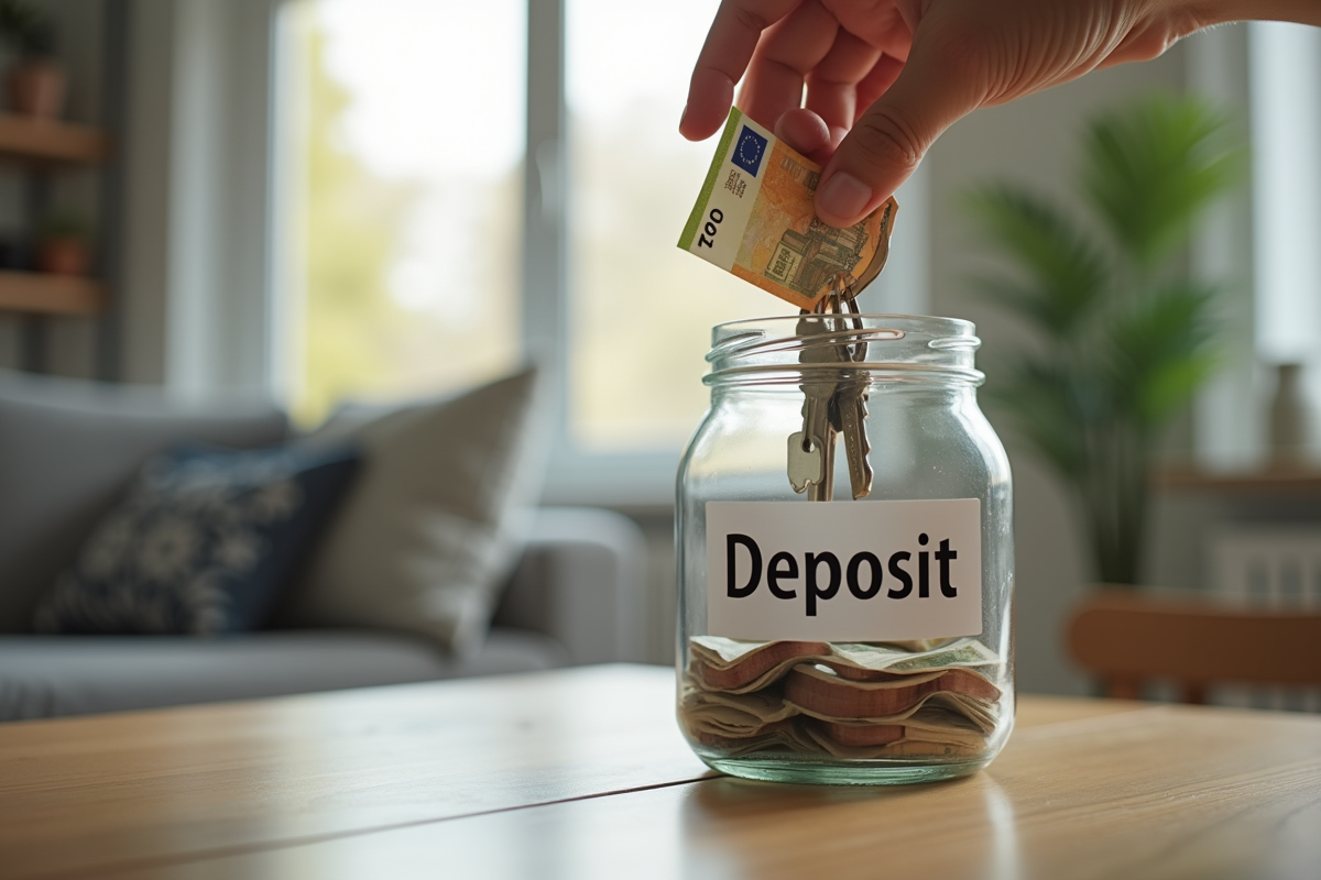 Mains déposant des billets et clés dans un seau labeled dépôt