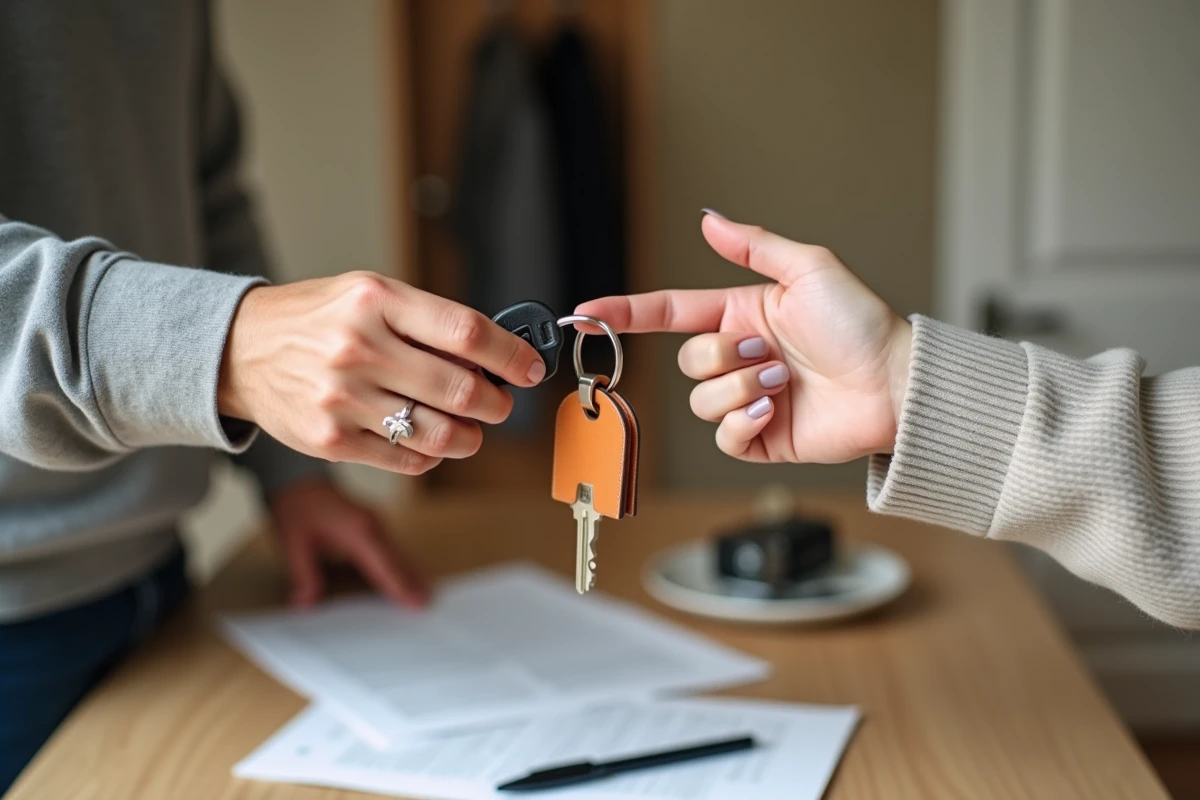 Remise de clé d'appartement contre signature entre propriétaire et locataire sur un bail de location