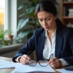 Femme consultante financière analysant un dossier de prêt immobilier de 200 000 euros avec un taux d'endettement élevé