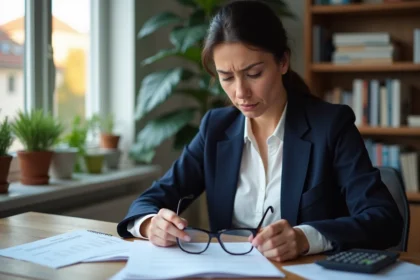 Femme consultante financière analysant un dossier de prêt immobilier de 200 000 euros avec un taux d'endettement élevé