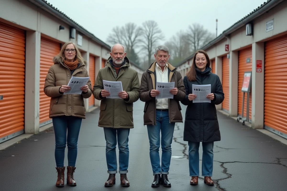 Groupe d'enchérisseurs devant une salle de vente aux enchères de box de stockage en France