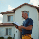 Entrepreneur en travaux vérifiant un devis devant une maison neuve