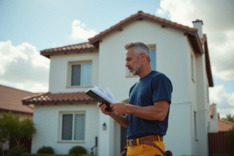 Entrepreneur en travaux vérifiant un devis devant une maison neuve