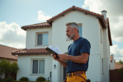 Entrepreneur en travaux vérifiant un devis devant une maison neuve