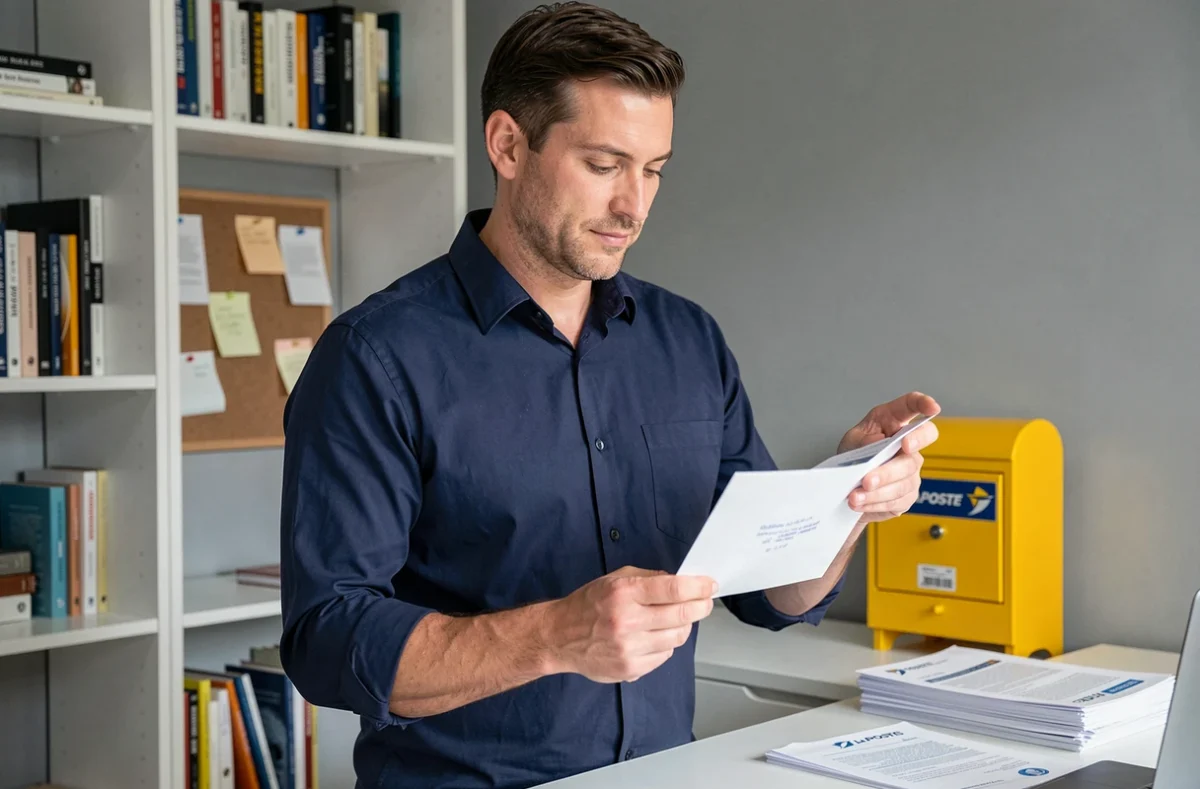 Homme tenant une enveloppe de résiliation prête à être envoyée à la Banque Postale, dans un bureau à domicile moderne avec des documents d'assurance habitation