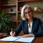 Notaire ou conseillère immobilière examinant des documents d'estimation pour une succession ou donation dans un bureau professionnel