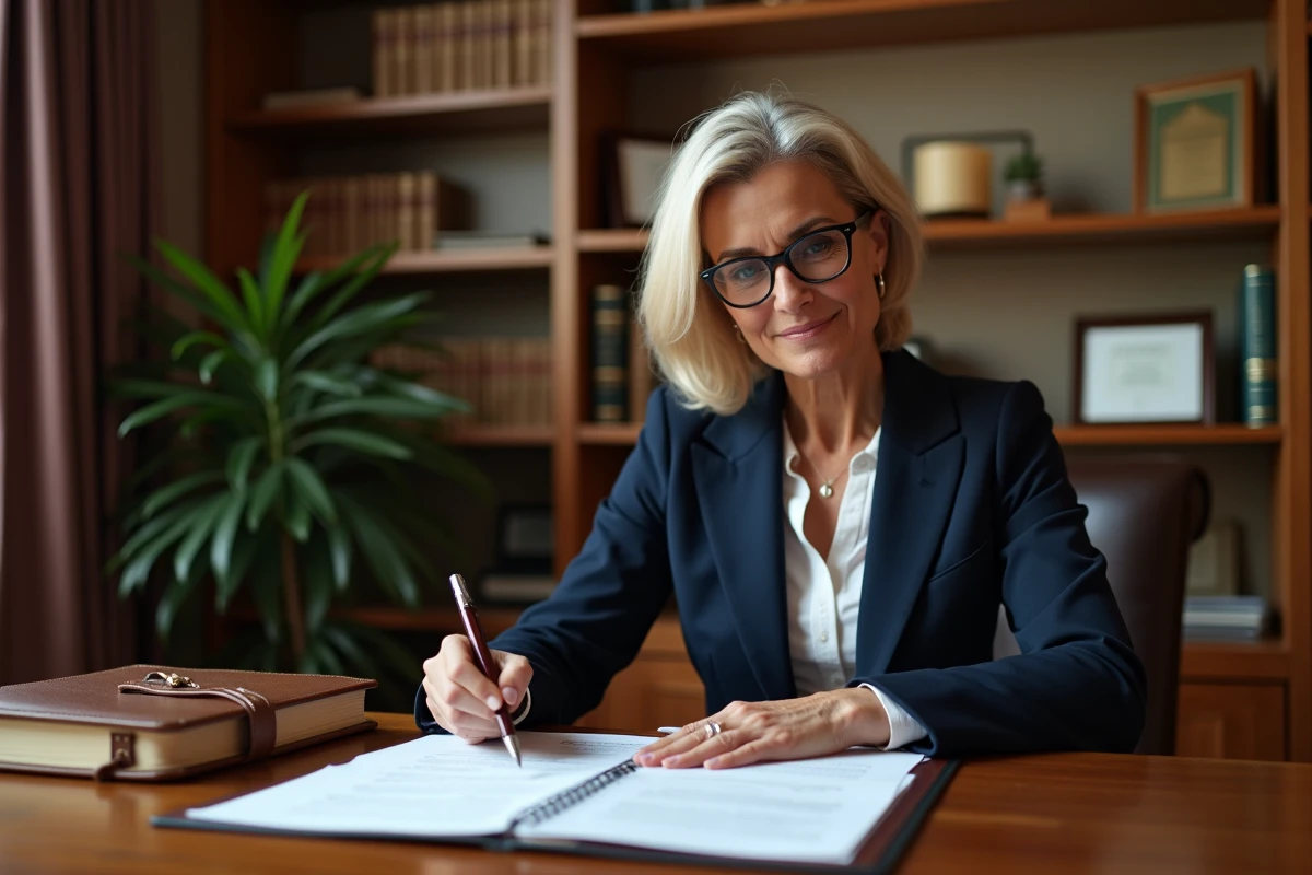 Notaire ou conseillère immobilière examinant des documents d'estimation pour une succession ou donation dans un bureau professionnel