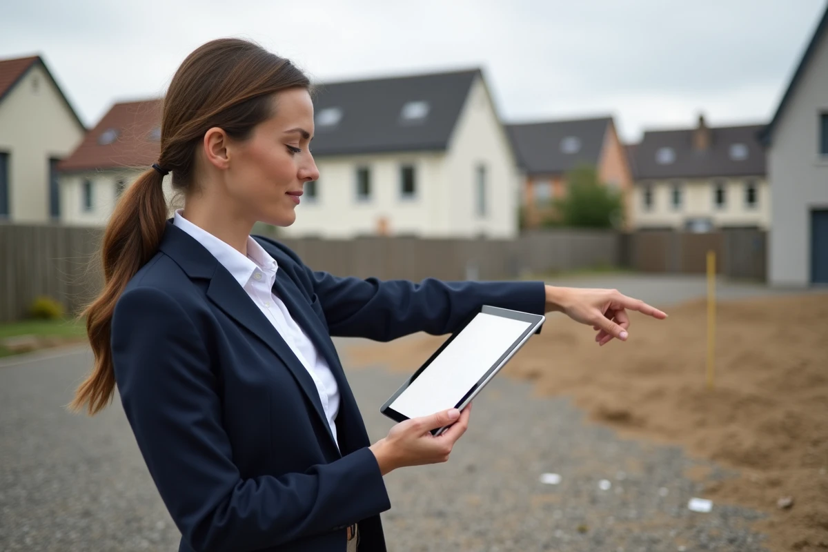 Conseillère immobilière estimant le prix au m² d'un terrain constructible en zone pavillonnaire