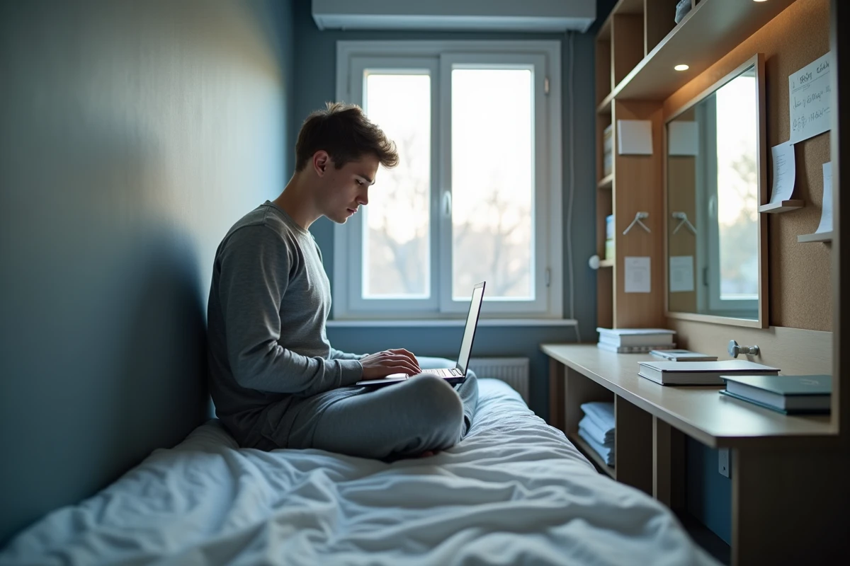 Étudiant dans sa chambre privée en résidence coliving, travaillant sur son ordinateur portable