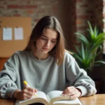 Étudiante en coliving travaillant dans un espace de vie partagé moderne et chaleureux