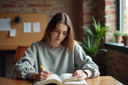 Étudiante en coliving travaillant dans un espace de vie partagé moderne et chaleureux