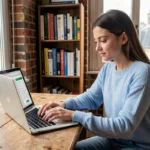 Jeune étudiante déposant une demande de logement en ligne depuis son appartement parisien