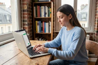 Jeune étudiante déposant une demande de logement en ligne depuis son appartement parisien