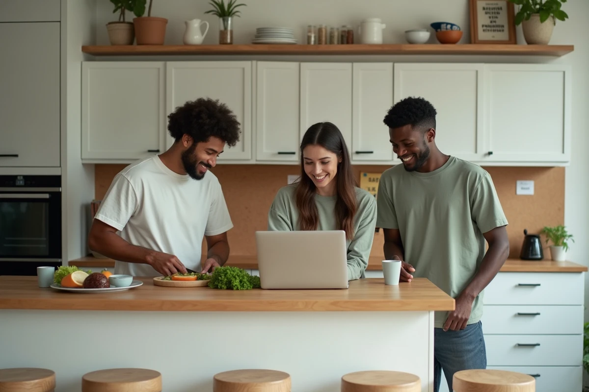 Groupe d'étudiants en coliving partageant un repas dans une cuisine commune conviviale