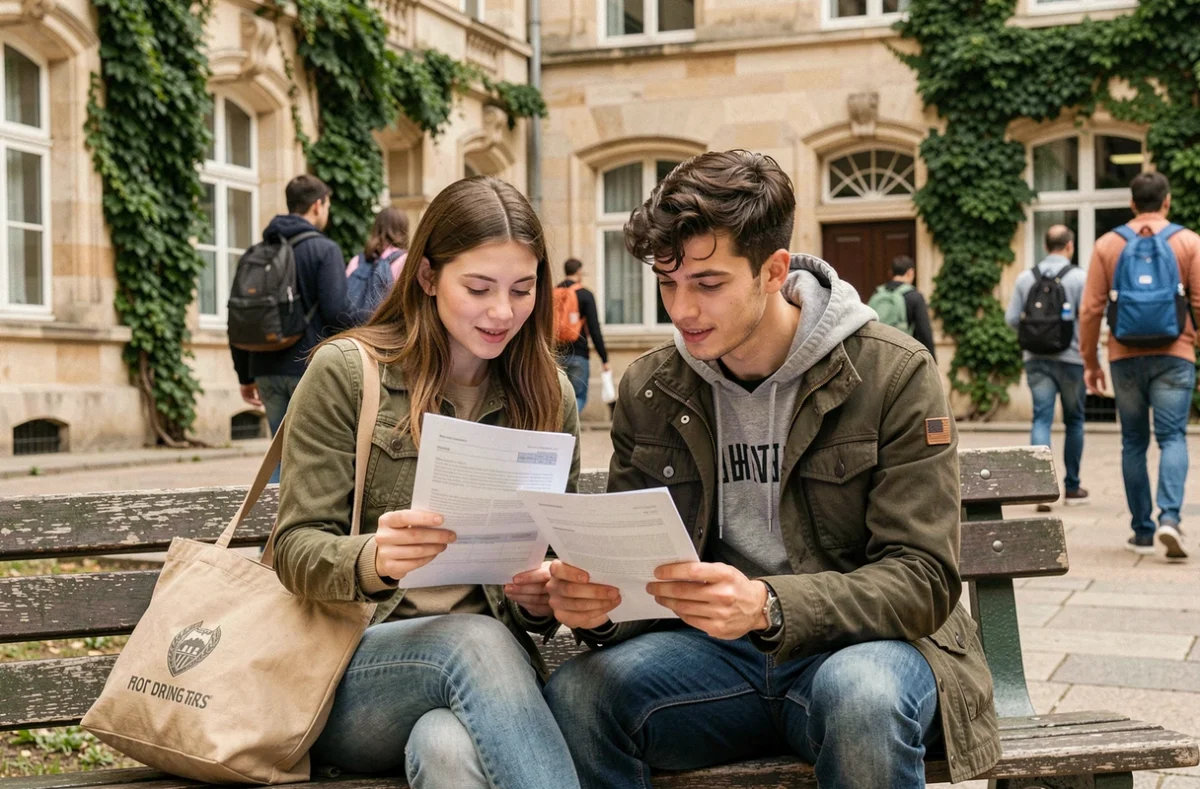 Deux étudiants examinant ensemble des documents de demande de logement sur un campus parisien