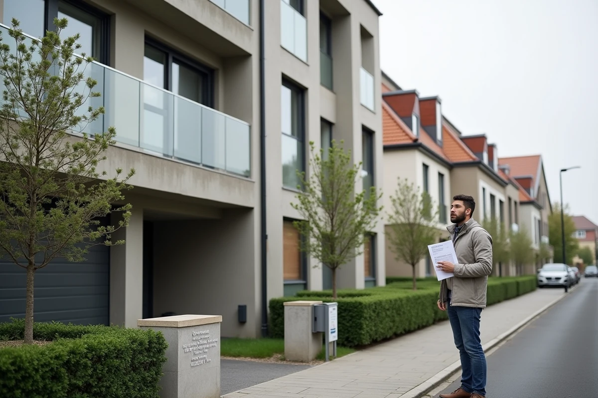 Homme évaluant un programme immobilier neuf devant une résidence moderne en zone résidentielle
