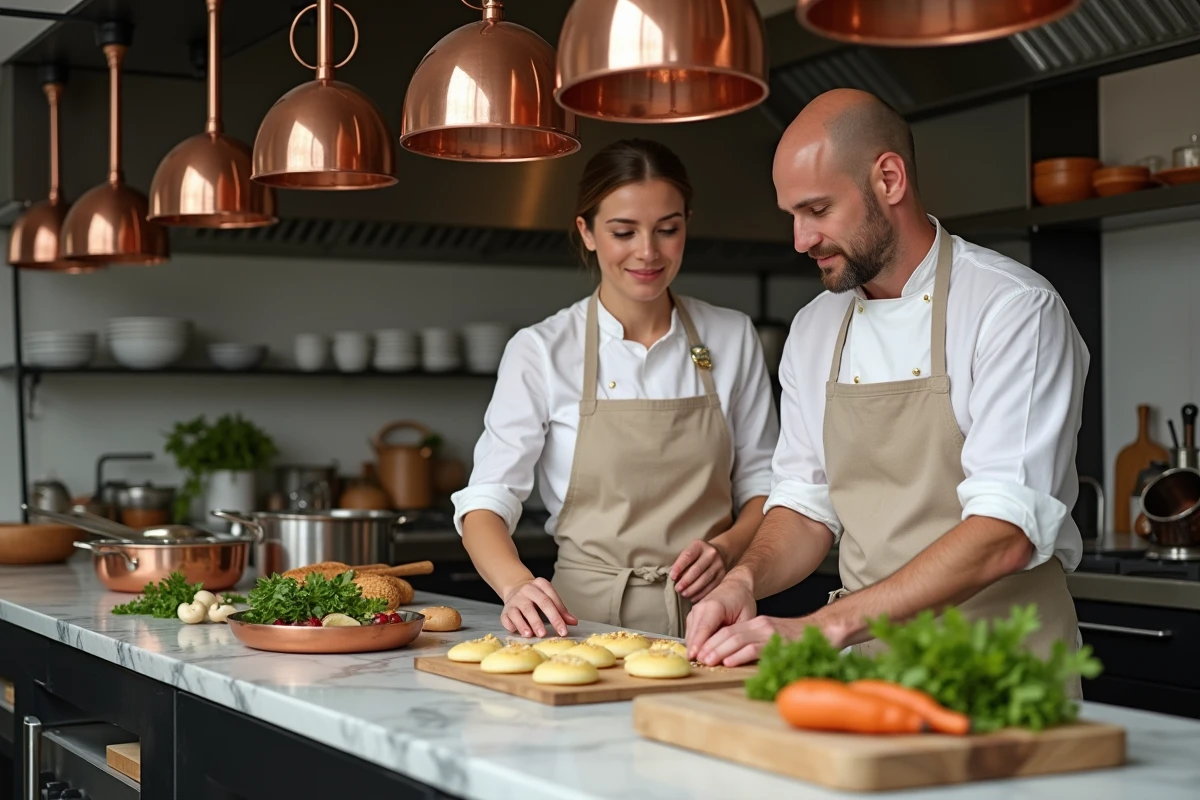 Chef cuisinière guidant un couple dans la préparation d'une quenelle lors d'un atelier culinaire lyonnais