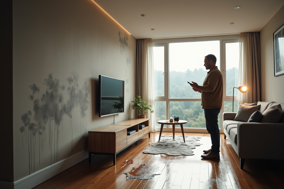 Expert inspectant dégâts d'eau dans un salon moderne