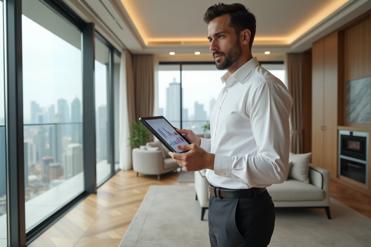 Expert immobilier effectuant une estimation de bien de prestige dans un appartement haut de gamme pour une succession
