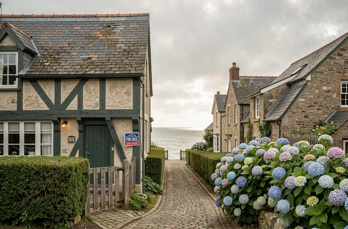 Façade de chaumière normande à colombages avec panneau à vendre et vue dégagée sur la mer en arrière-plan depuis la rue