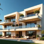 Façade moderne de l'immeuble Monte Carlo Sun à Monaco avec balcons vitrés et palmiers sous un ciel méditerranéen