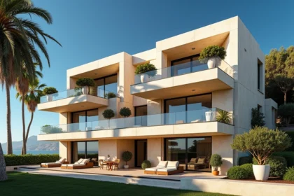 Façade moderne de l'immeuble Monte Carlo Sun à Monaco avec balcons vitrés et palmiers sous un ciel méditerranéen
