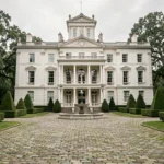 Façade extérieure d'une villa de luxe néoclassique avec allée en pavés et jardins à la française, représentant la maison la plus chère du monde