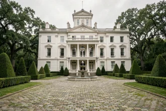 Façade extérieure d'une villa de luxe néoclassique avec allée en pavés et jardins à la française, représentant la maison la plus chère du monde