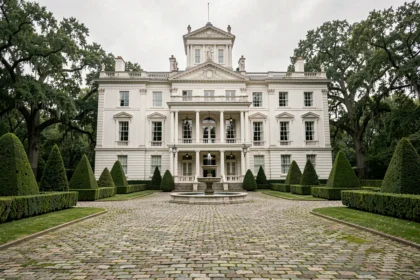 Façade extérieure d'une villa de luxe néoclassique avec allée en pavés et jardins à la française, représentant la maison la plus chère du monde