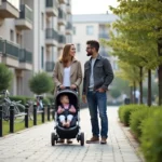 Famille avec poussette dans un quartier résidentiel de Chambéry