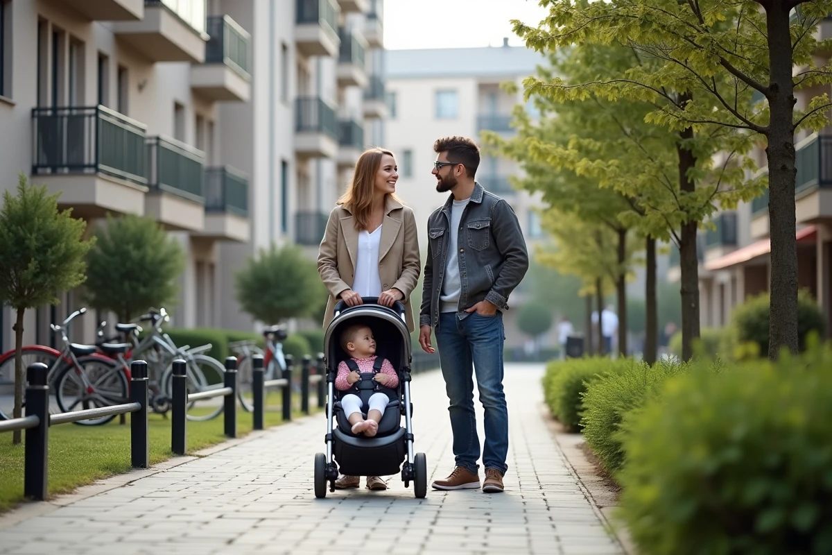 Famille avec poussette dans un quartier résidentiel de Chambéry