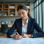Femme d affaires en revue de documents immobiliers