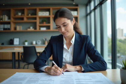 Femme d affaires en revue de documents immobiliers