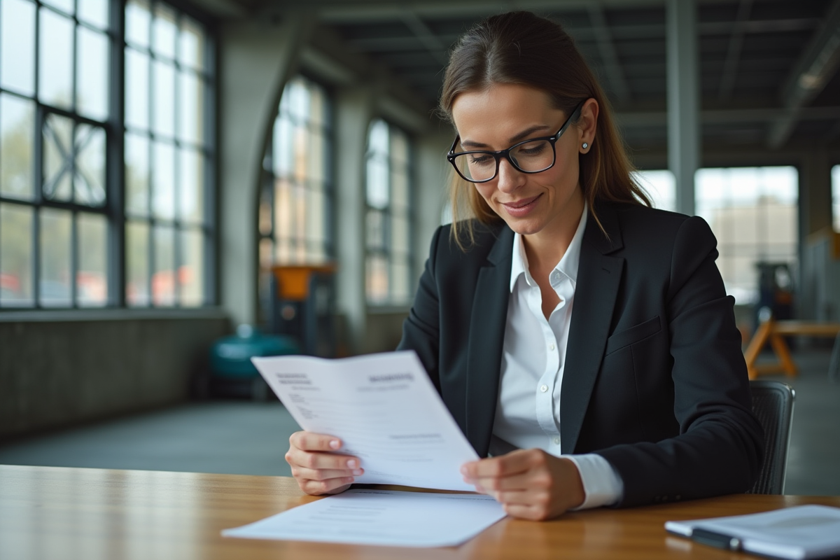 Femme d affaires examinant documents dans un bureau industriel