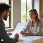 Femme étudie des plans architecturaux dans une maison moderne