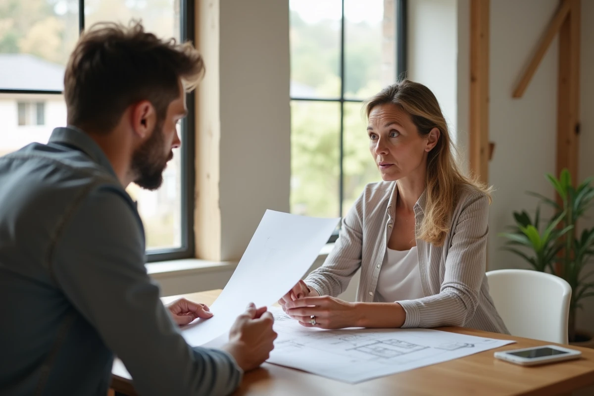 Femme étudie des plans architecturaux dans une maison moderne